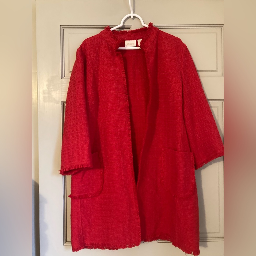 Chicos 3 Tweed Cardigan Jacket Blazer Open Red Pockets Career Casual XL